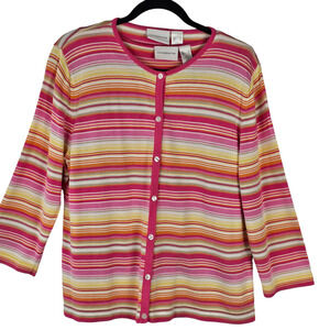 Liz Claiborne L striped knit cardigan 3/4 sleeve XL tank pink white yellow set